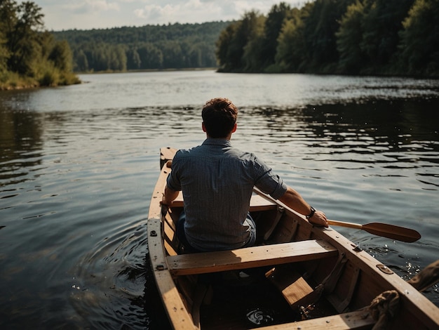 PSD a beautiful man on boat going throw a river