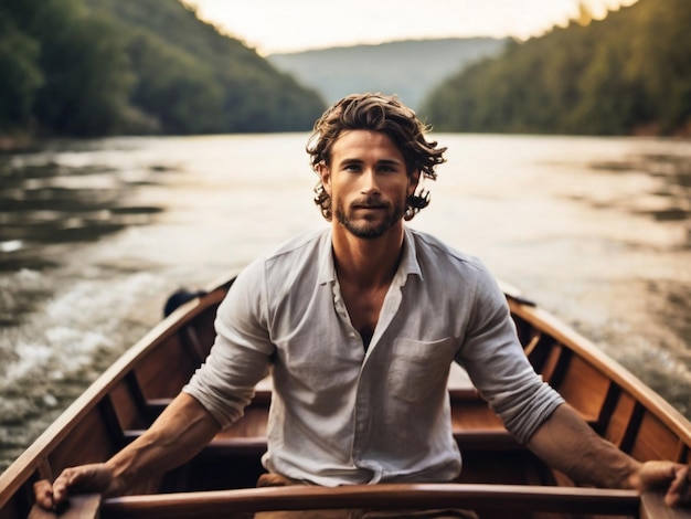 A beautiful man on boat going throw a river