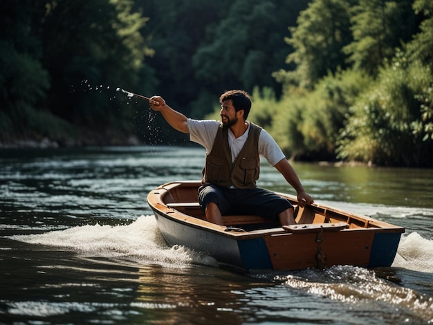 A beautiful man on boat going throw a river