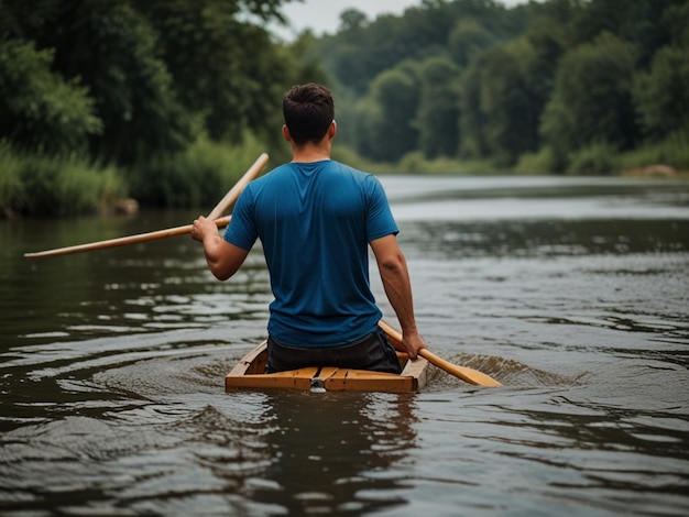 A beautiful man on boat going throw a river