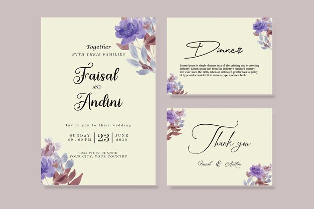 Beautiful maroon and peach floral and leaves wedding invitation card psd