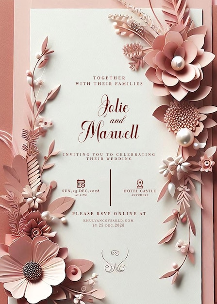 PSD beautiful minimalist flower and leaves wedding invitation card with beautiful background