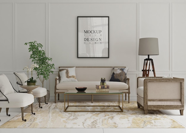 PSD beautiful mockup poster framed in  clasiic living room with sofa