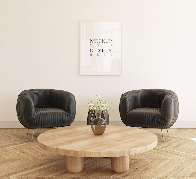 Beautiful mockup poster framed in modern living room with sofa