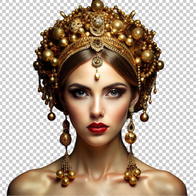 PSD beautiful model posing with gold jewelry on her head