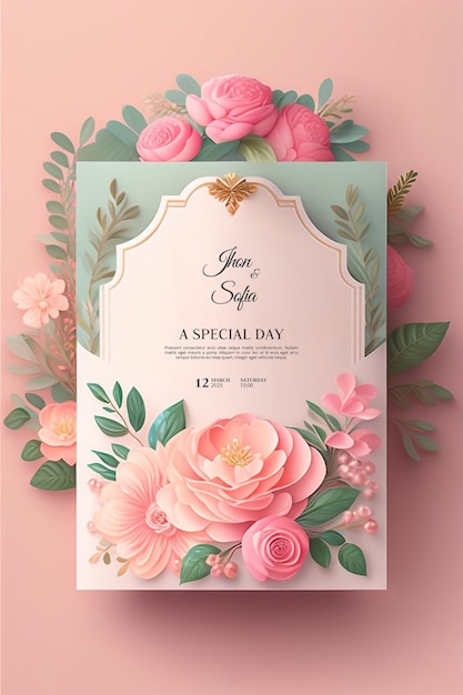 Beautiful modern floral minimalist wedding invitation template