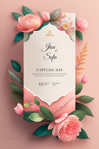 Beautiful modern floral minimalist wedding invitation template