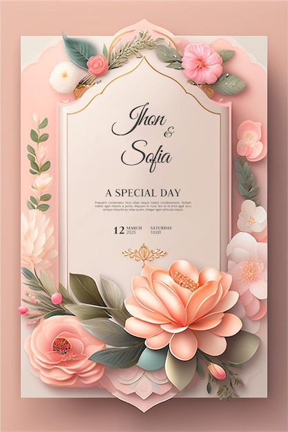 Beautiful modern floral minimalist wedding invitation template