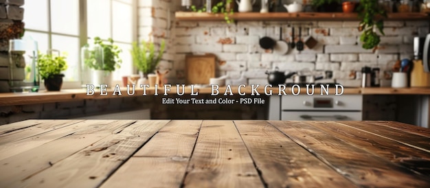 PSD beautiful natural wooden table with kitchen background