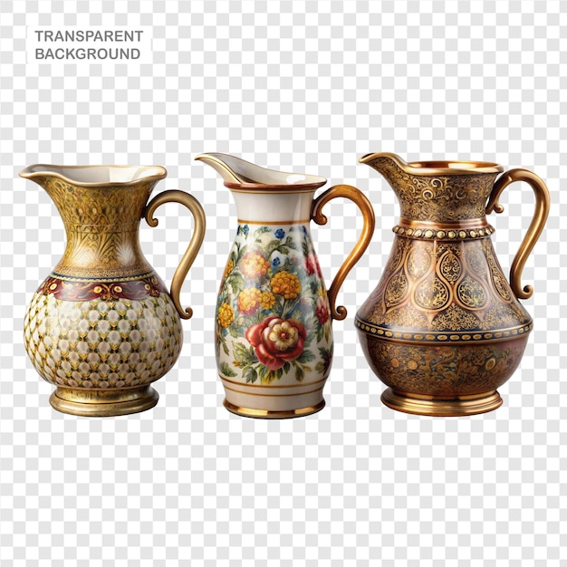 PSD beautiful old jugs all different set apart on a clear backdrop