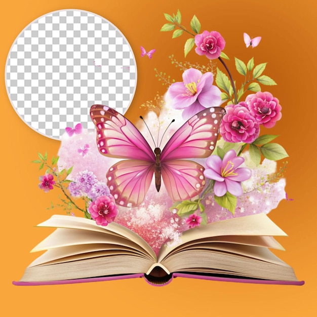 PSD beautiful open book with pink butterfly and floral