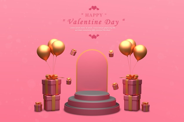 beautiful podium and gift box valentine with golden balloon front view