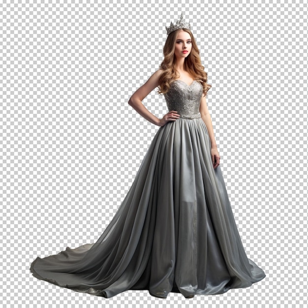 PSD beautiful queen in a gray fashion lush dress isolated on transparent background