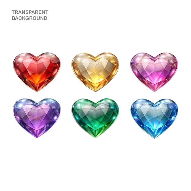 PSD beautiful realistic heartshaped crystals in various colour set on a transparent background artifi