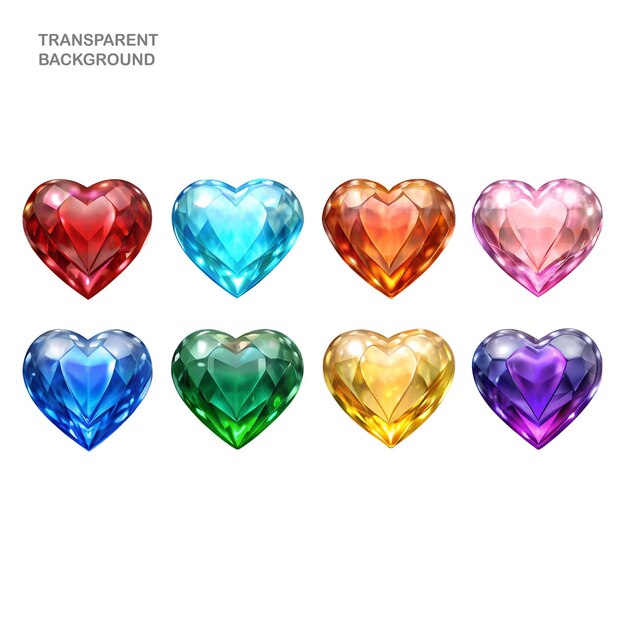 PSD beautiful realistic heartshaped crystals in various colour set on a transparent background artifi