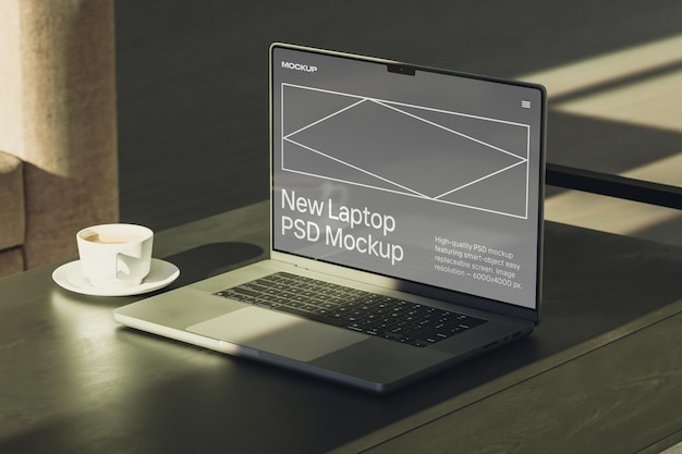 Beautiful realistic laptop on a coffee table cups creen mockup for branding identity presentation