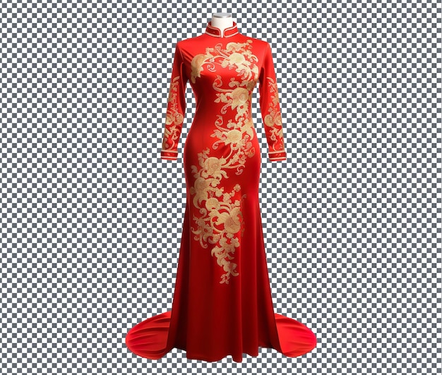 Beautiful Red Ao Dai with Gold Embroidery isolated on transparent background