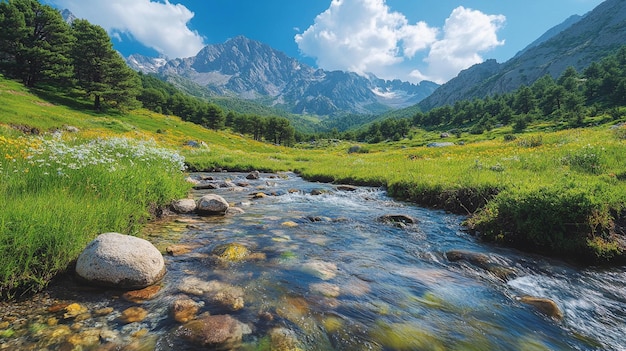 PSD beautiful scenery of green mountains and flowing water with rocks in the river and blue sky