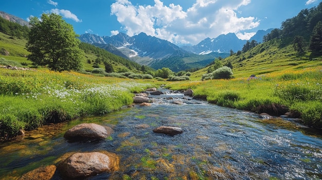 PSD beautiful scenery of green mountains and flowing water with rocks in the river and blue sky