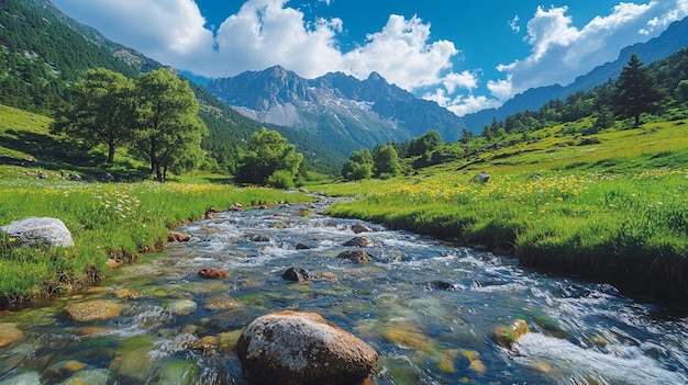 PSD beautiful scenery of green mountains and flowing water with rocks in the river and blue sky