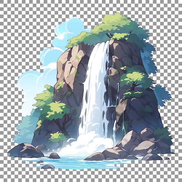 Beautiful serene mountain waterfall digital drawing on transparent background