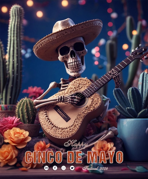 a beautiful skull wearing a straw hat and sombrero by Grillo Demo with bokeh Lights Background