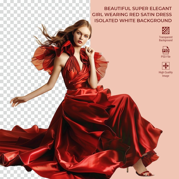 Beautiful super elegant girl wearing red satin dress isolated on transparent background