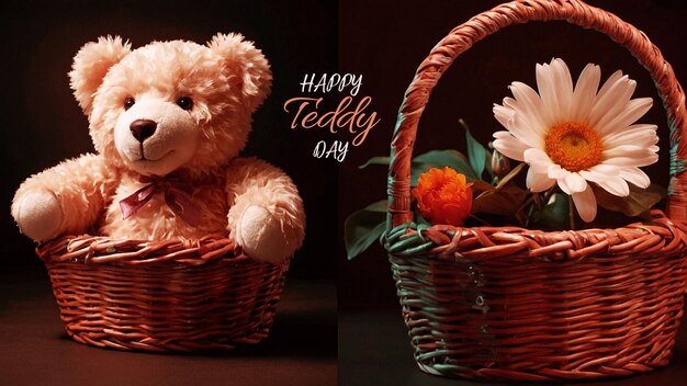 PSD a beautiful teddy day with flowers and the typography of happy teddy day