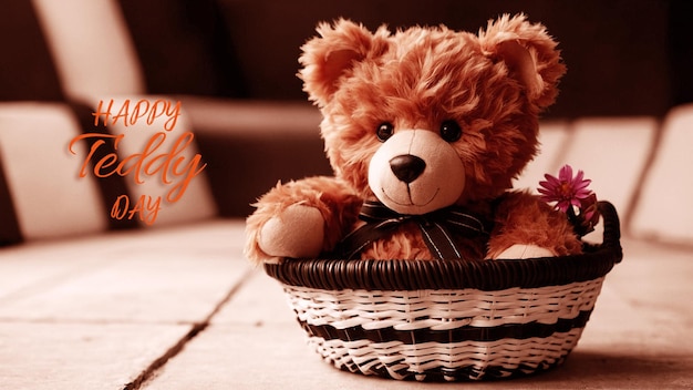 A beautiful teddy sitting in a basket with white flowers and the typography of happy teddy day