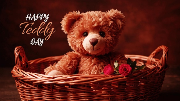 A beautiful teddy sitting in a basket with white flowers and the typography of happy teddy day