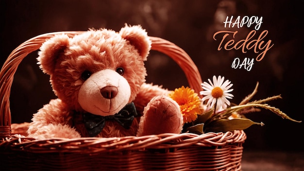 PSD a beautiful teddy sitting in a basket with white flowers and the typography of happy teddy day