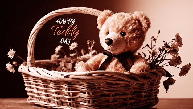 PSD a beautiful teddy sitting in a basket with white flowers and the typography of happy teddy day