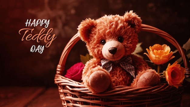 A beautiful teddy sitting in a basket with white flowers and the typography of happy teddy day