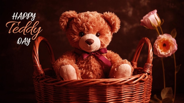 A beautiful teddy sitting in a basket with white flowers and the typography of happy teddy day