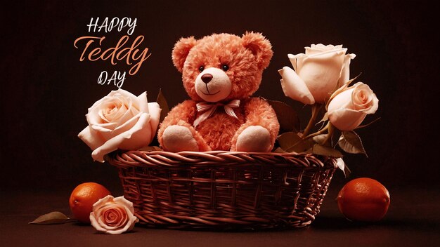 A beautiful teddy sitting in a modern basket with some flowers and the typography of happy teddy day