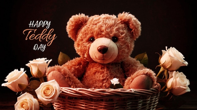 A beautiful teddy sitting in a modern basket with some flowers and the typography of happy teddy day