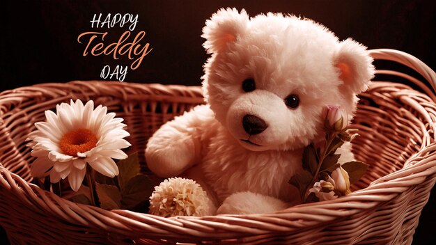 A beautiful teddy sitting in a modern basket with some flowers and the typography of happy teddy day