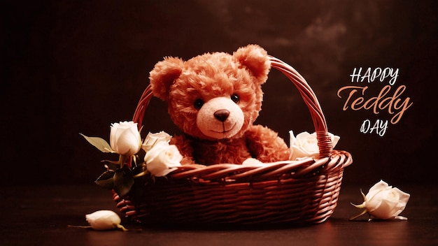 A beautiful teddy sitting in a modern basket with some flowers and the typography of happy teddy day