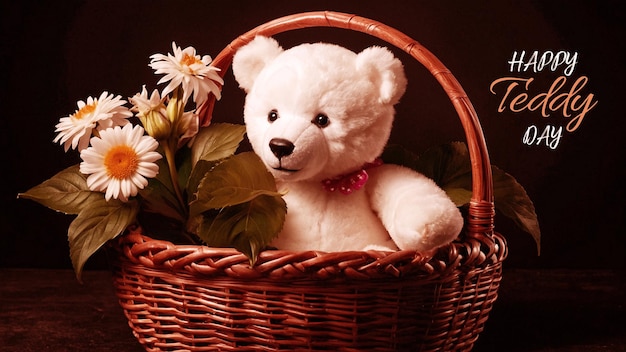 A beautiful teddy sitting in a modern basket with some flowers and the typography of happy teddy day