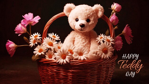 A beautiful teddy sitting in a modern basket with some flowers and the typography of happy teddy day