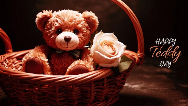 PSD a beautiful teddy sitting in a modern basket with some flowers and the typography of happy teddy day