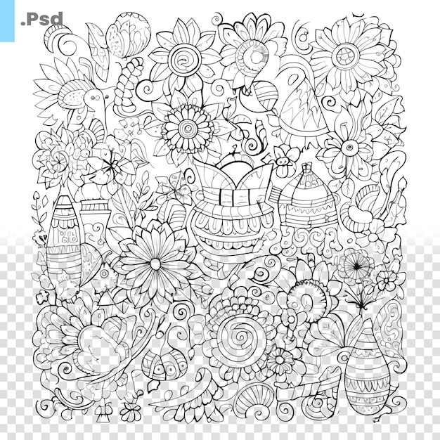 PSD beautiful vector hand drawn doodle illustration for adult coloring page psd template