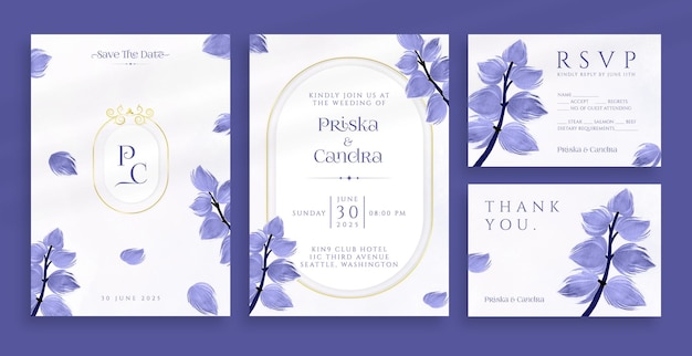 Beautiful Very Peri Violet Wedding Invitation with Watercolor Leaves Ornaments	and Gold Frame