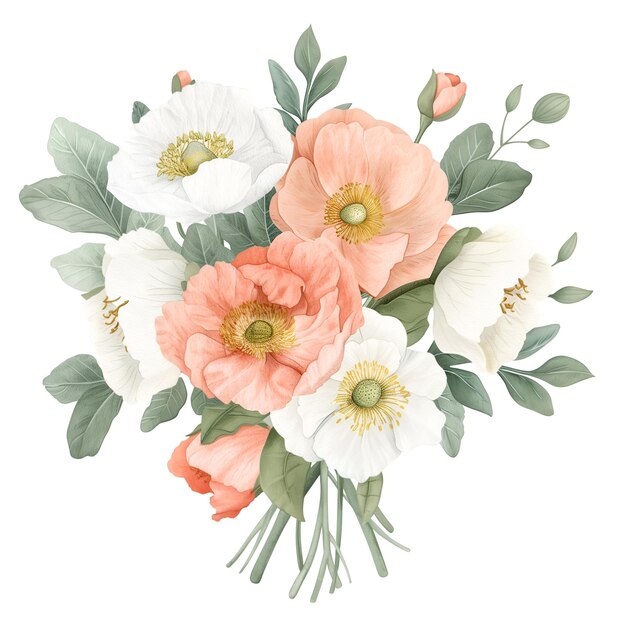 PSD beautiful watercolor floral bouquet with peonies and wildflowers