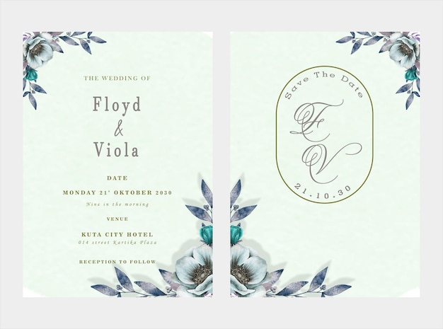 Beautiful watercolor floral invitation card set psd