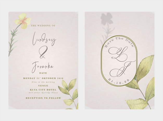 Beautiful watercolor floral invitation card set psd