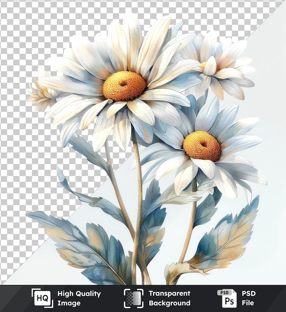 Beautiful watercolor oxeye daisy flowers and leaves clipart