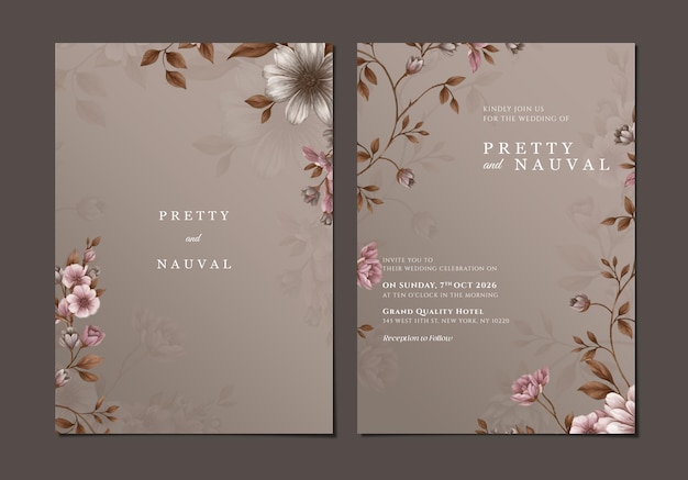 PSD beautiful wedding invitation card template with flowers