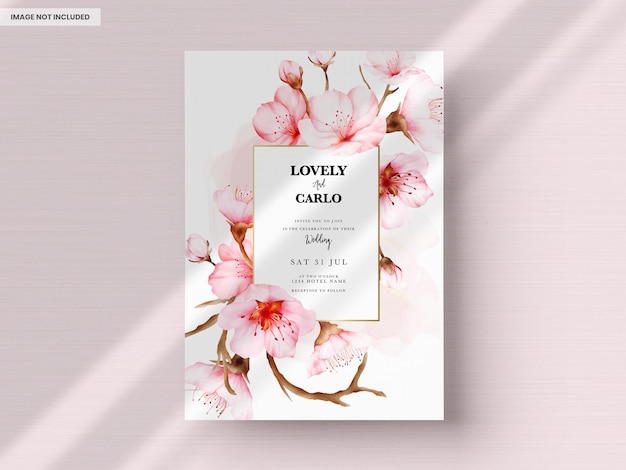 PSD beautiful wedding invitation card with sweet cherry blossom flower