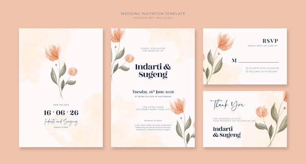 Beautiful wedding invitation template with flower watercolor